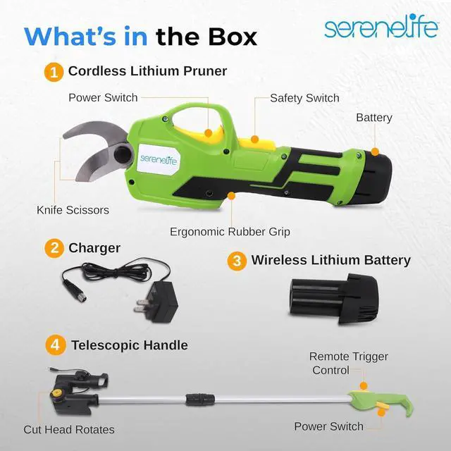 Alt view image 4 of 7 - SereneLife Cordless Lithium Pruner with Telescopic Handle, 7.2V Lithium-Ion Battery, Ideal for Bushes, Roses, Woody Stems, and Branches