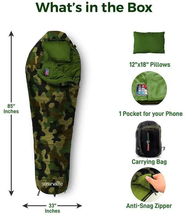 Alt view image 5 of 7 - SereneLife Mummy Sleeping Bag + Travel Pillow with Compact Compression Sack, 4-Season Sleeping Bag for Adults & Kids, Lightweight, Warm, and Washable  Camouflage