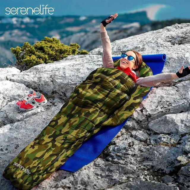 Alt view image 6 of 7 - SereneLife Mummy Sleeping Bag + Travel Pillow with Compact Compression Sack, 4-Season Sleeping Bag for Adults & Kids, Lightweight, Warm, and Washable  Camouflage