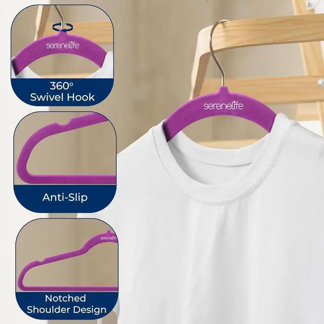 Alt view image 5 of 7 - SereneLife 100-Pack Velvet Non-Slip Hangers with 360° Swivel Hook - Purple