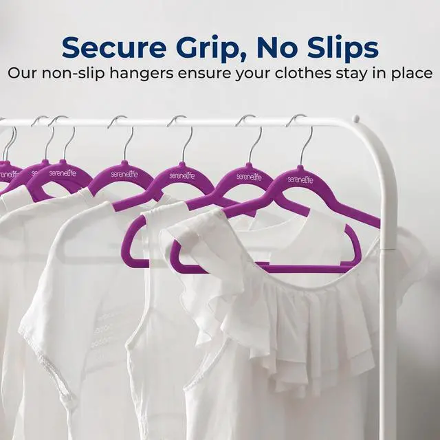 Alt view image 2 of 7 - SereneLife 100-Pack Velvet Non-Slip Hangers with 360° Swivel Hook - Purple