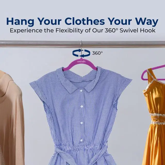 Alt view image 7 of 7 - SereneLife 100-Pack Velvet Non-Slip Hangers with 360° Swivel Hook - Purple