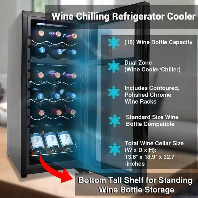 Alt view image 4 of 7 - NutriChef Dual-Zone Wine Chilling Refrigerator Cellar - Digital Touch Control, 18 Bottle Capacity, Compressor Fan Cooling