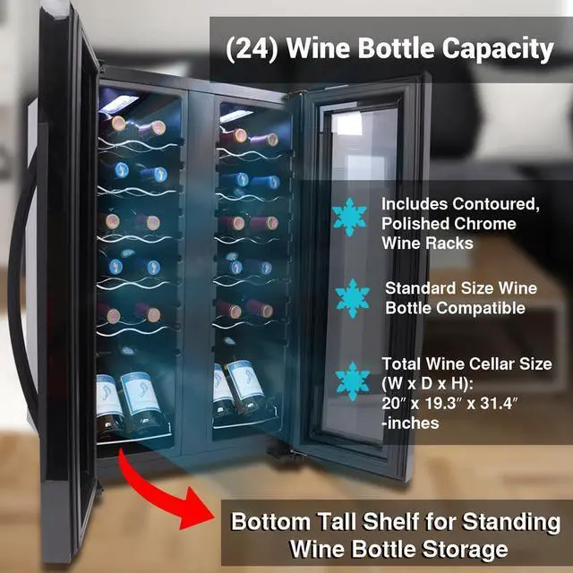 Alt view image 4 of 6 - NutriChef Dual-Zone Wine Chilling Refrigerator Cellar - Digital Touch Control, 24 Bottle Capacity, Compressor Fan Cooling