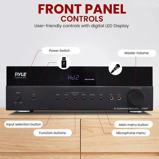Alt view image 4 of 7 - Pyle Hi-Fi Wireless BT Home Theater Receiver, 5.2 Channel Surround Sound, 1000W MAX, 4K Ultra HD, MP3/USB/FM Radio - PT865BT