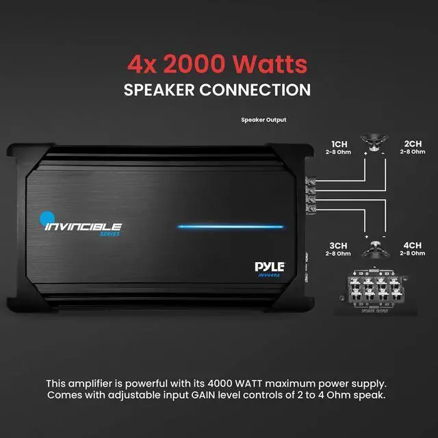 Alt view image 4 of 6 - Pyle 4-Channel Bridgeable MOSFET Amplifier, 2000W Max, Class AB, with Bass Boost and Protection Circuitry - INV449A