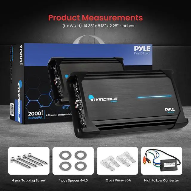 Alt view image 6 of 6 - Pyle 4-Channel Bridgeable MOSFET Amplifier, 2000W Max, Class AB, with Bass Boost and Protection Circuitry - INV449A