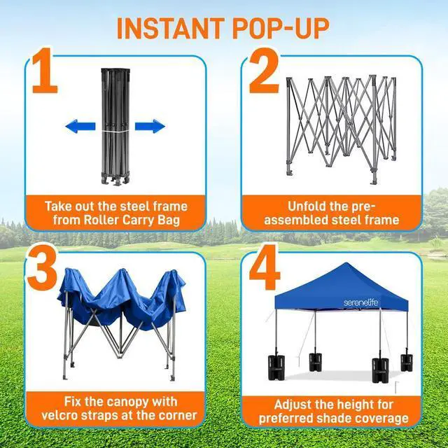 Alt view image 5 of 7 - SereneLife 10x10 ft. Pop Up Tent, Commercial Instant Shelter, Waterproof Polyester, Portable with Wheeled Carry Bag & Sand Bags - SLGZ10BU (Navy Blue)