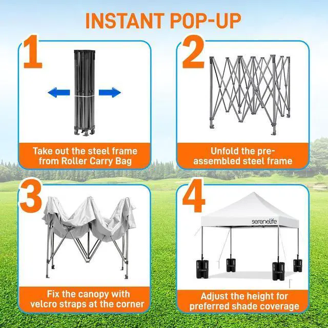 Alt view image 7 of 7 - SereneLife 10x10 ft. Pop Up Canopy Tent, Commercial Instant Shelter, Waterproof Polyester, Portable with Wheeled Carry Bag & Sand Bags - SLGZ10W (White)