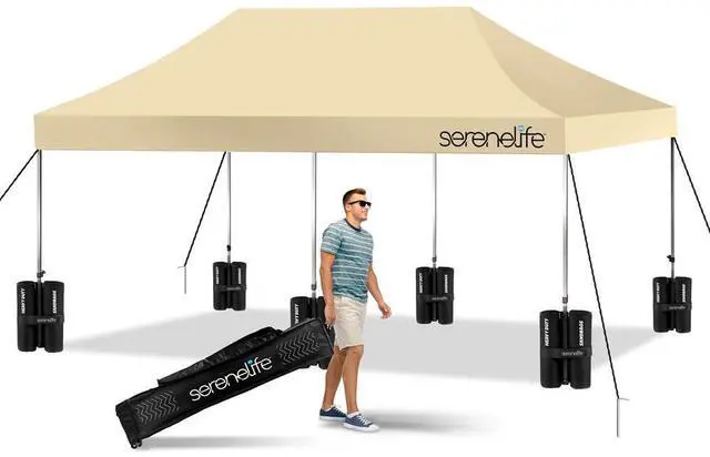 Main image of SereneLife 10x20 ft. Pop Up Canopy Tent, Commercial Instant Shelter, Waterproof Polyester, Portable with Wheeled Carry Bag & Sand Bags - SLGZ20K (Khaki)