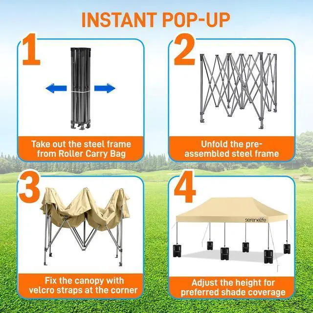 Alt view image 3 of 7 - SereneLife 10x20 ft. Pop Up Canopy Tent, Commercial Instant Shelter, Waterproof Polyester, Portable with Wheeled Carry Bag & Sand Bags - SLGZ20K (Khaki)