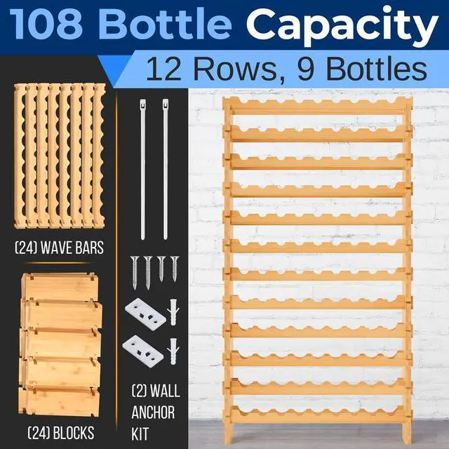 Alt view image 7 of 7 - NutriChef 108-Bottle 12-Tier Bamboo Wine Rack Organizer - SLWMDSF960 - 33.5"x10"x62.8"