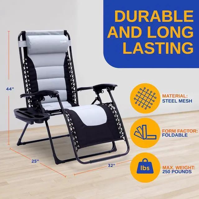 Alt view image 4 of 7 - SereneLife Adjustable Padded Zero Gravity Chair with Side Table - SL1ZGRCP21 - Gray/Black