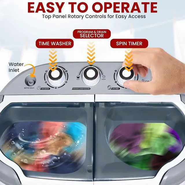 Alt view image 3 of 7 - Pure Clean Compact Home Washer & Dryer  2 in 1 Portable Mini Washing Machine  Twin Tubs  11lbs. Capacity  110V  Spin Cycle w/Hose  Translucent Tub Container Window  Ideal for Smaller Laundry Loads  Gr
