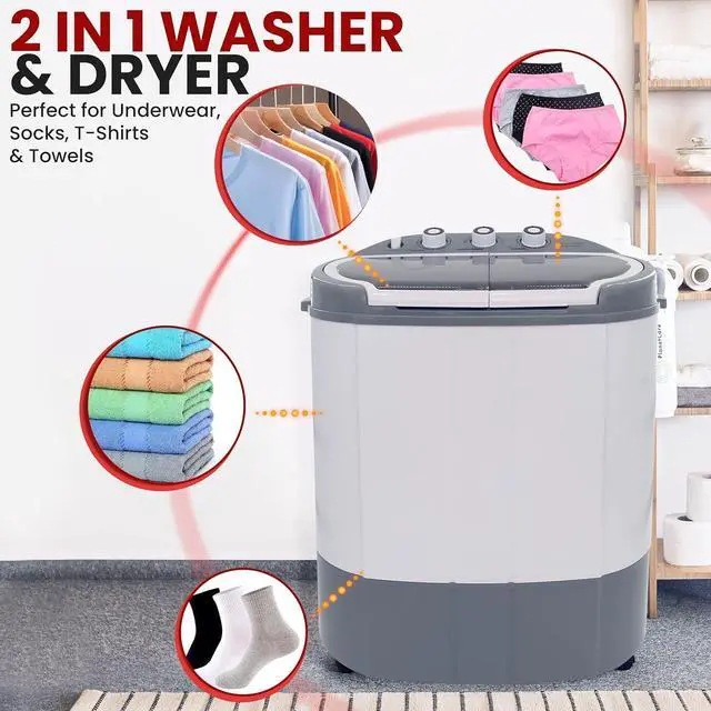 Alt view image 2 of 7 - Pure Clean Compact Home Washer & Dryer  2 in 1 Portable Mini Washing Machine  Twin Tubs  11lbs. Capacity  110V  Spin Cycle w/Hose  Translucent Tub Container Window  Ideal for Smaller Laundry Loads  Gr
