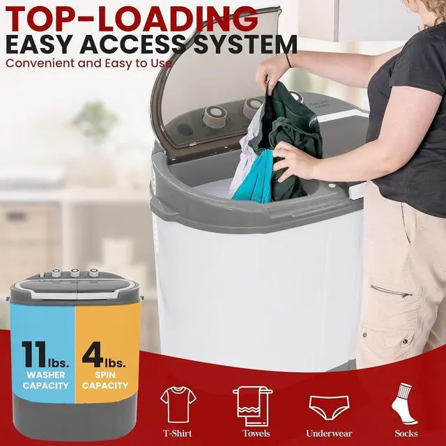 Alt view image 7 of 7 - Pure Clean Compact Home Washer & Dryer  2 in 1 Portable Mini Washing Machine  Twin Tubs  11lbs. Capacity  110V  Spin Cycle w/Hose  Translucent Tub Container Window  Ideal for Smaller Laundry Loads  Gr