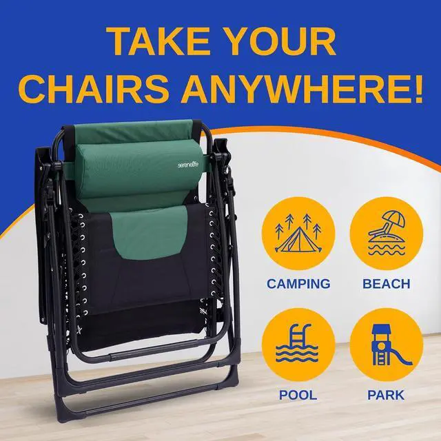 Alt view image 5 of 7 - SereneLife Adjustable Padded Zero Gravity Lawn Chair with Side Table & Pillow - SL1ZGRCP36 - Green and Black