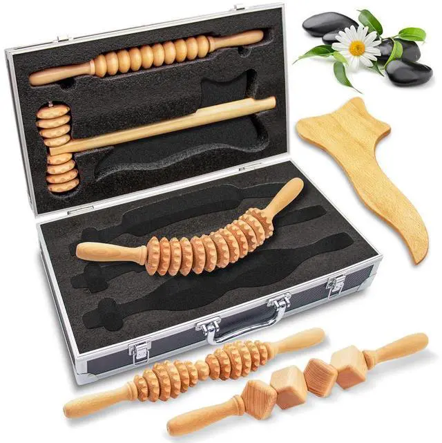 Main image of SereneLife 5-Piece Wood Therapy Massage Tools Kit - Anti-Cellulite & Lymphatic Drainage Set - SLMSGRLKT34