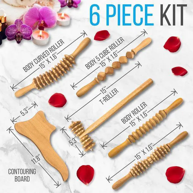 Alt view image 2 of 6 - SereneLife 5-Piece Wood Therapy Massage Tools Kit - Anti-Cellulite & Lymphatic Drainage Set - SLMSGRLKT34