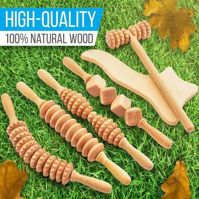 Alt view image 4 of 6 - SereneLife 5-Piece Wood Therapy Massage Tools Kit - Anti-Cellulite & Lymphatic Drainage Set - SLMSGRLKT34