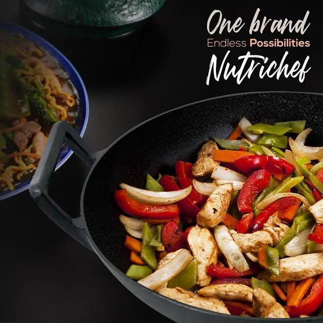 Alt view image 2 of 7 - NutriChef Cast Iron Wok - 5.8+ Quart Pre-Seasoned Stir Fry Wok with Wooden Lid & Silicone Mitt - NCCIWOK60