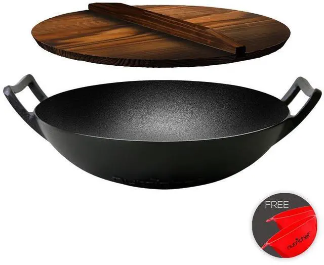 Main image of NutriChef Cast Iron Wok - 5.8+ Quart Pre-Seasoned Stir Fry Wok with Wooden Lid & Silicone Mitt - NCCIWOK60