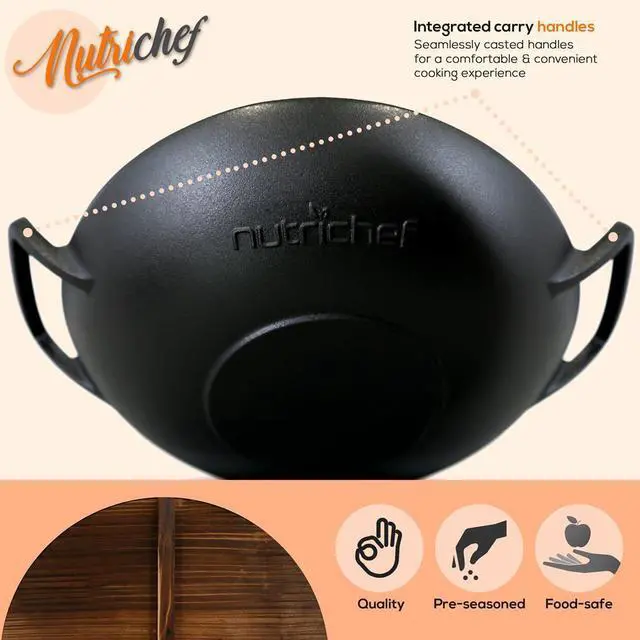 Alt view image 5 of 7 - NutriChef Cast Iron Wok - 5.8+ Quart Pre-Seasoned Stir Fry Wok with Wooden Lid & Silicone Mitt - NCCIWOK60