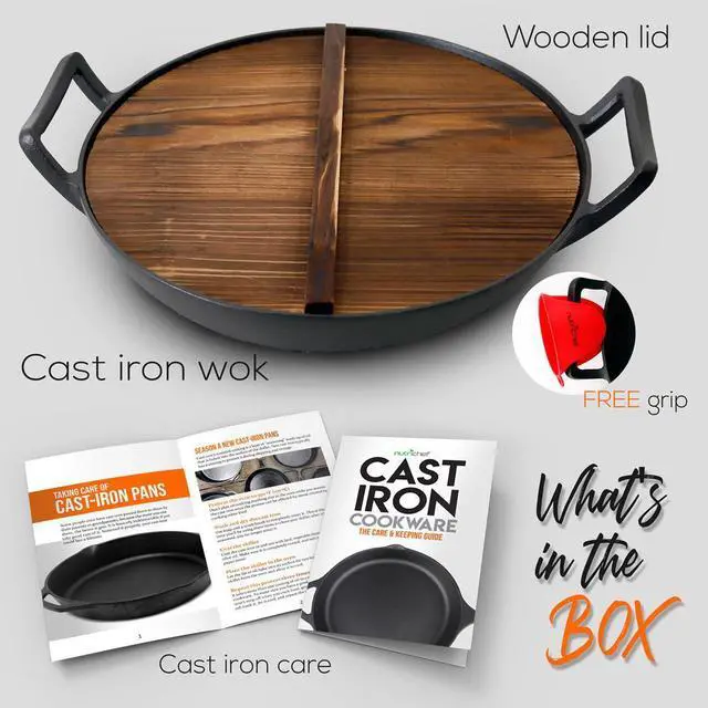 Alt view image 6 of 7 - NutriChef Cast Iron Wok - 5.8+ Quart Pre-Seasoned Stir Fry Wok with Wooden Lid & Silicone Mitt - NCCIWOK60