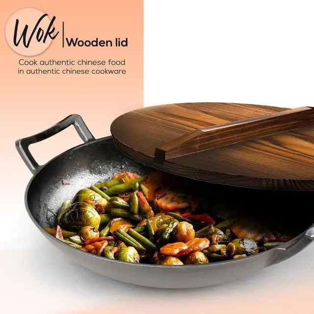 Alt view image 4 of 7 - NutriChef Cast Iron Wok - 5.8+ Quart Pre-Seasoned Stir Fry Wok with Wooden Lid & Silicone Mitt - NCCIWOK60