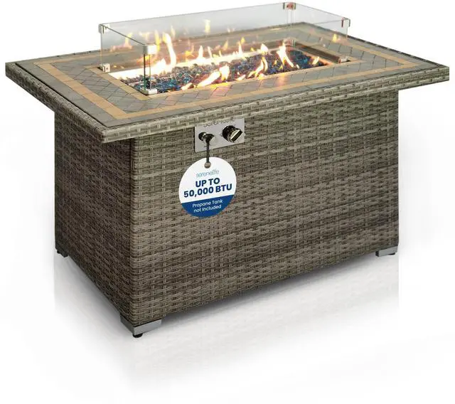 Main image of SereneLife Outdoor Propane Fire Pit Table- 50,000 BTU Auto-Ignition Gas Fire Pit w/Glass Wind Guard, Mosaic Tiles Tabletop & Clear Glass Rock for Outdoor Cooking & Grilling
