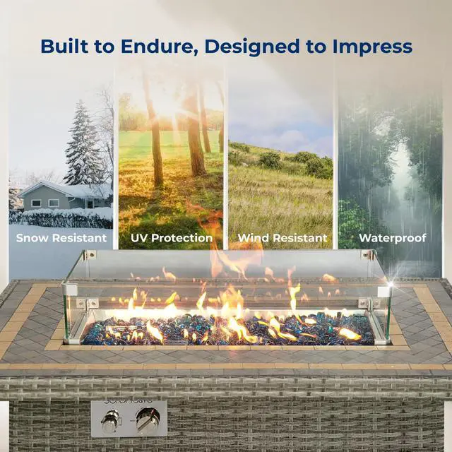 Alt view image 5 of 5 - SereneLife Outdoor Propane Fire Pit Table- 50,000 BTU Auto-Ignition Gas Fire Pit w/Glass Wind Guard, Mosaic Tiles Tabletop & Clear Glass Rock for Outdoor Cooking & Grilling