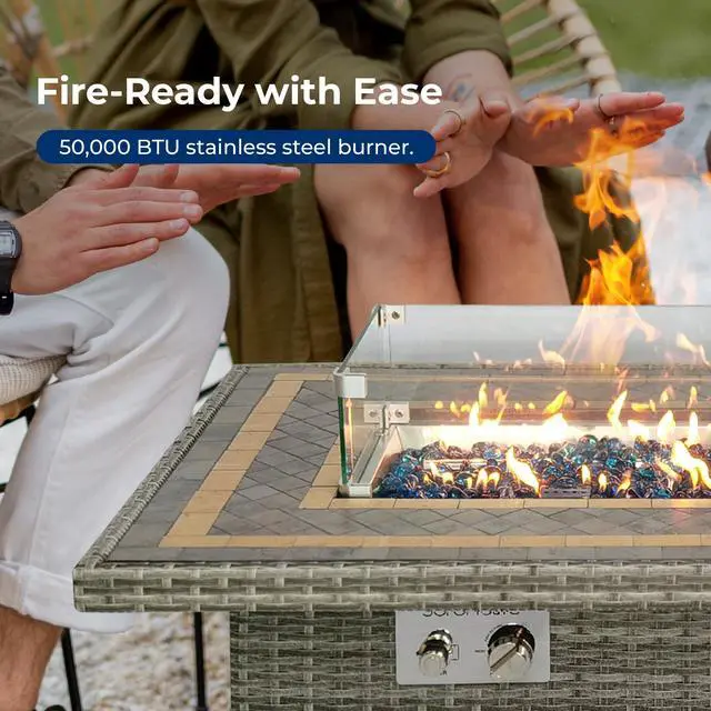 Alt view image 3 of 5 - SereneLife Outdoor Propane Fire Pit Table- 50,000 BTU Auto-Ignition Gas Fire Pit w/Glass Wind Guard, Mosaic Tiles Tabletop & Clear Glass Rock for Outdoor Cooking & Grilling