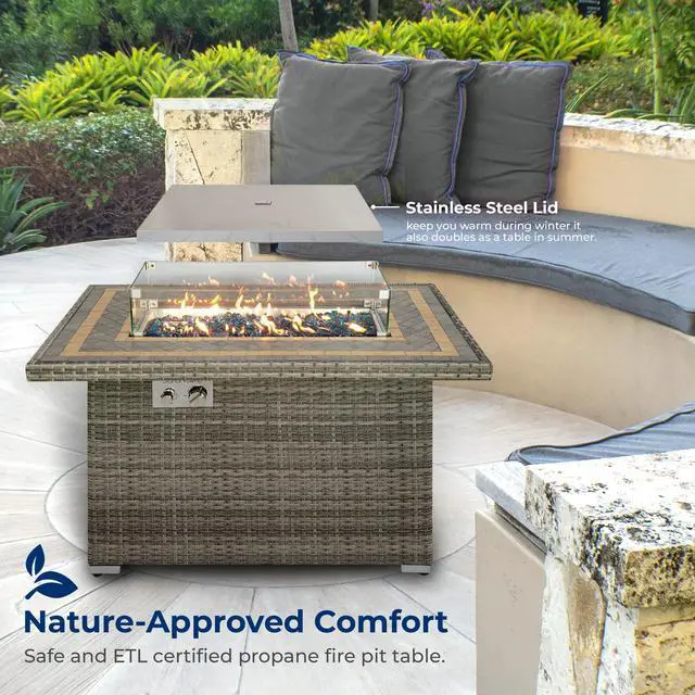 Alt view image 2 of 5 - SereneLife Outdoor Propane Fire Pit Table- 50,000 BTU Auto-Ignition Gas Fire Pit w/Glass Wind Guard, Mosaic Tiles Tabletop & Clear Glass Rock for Outdoor Cooking & Grilling