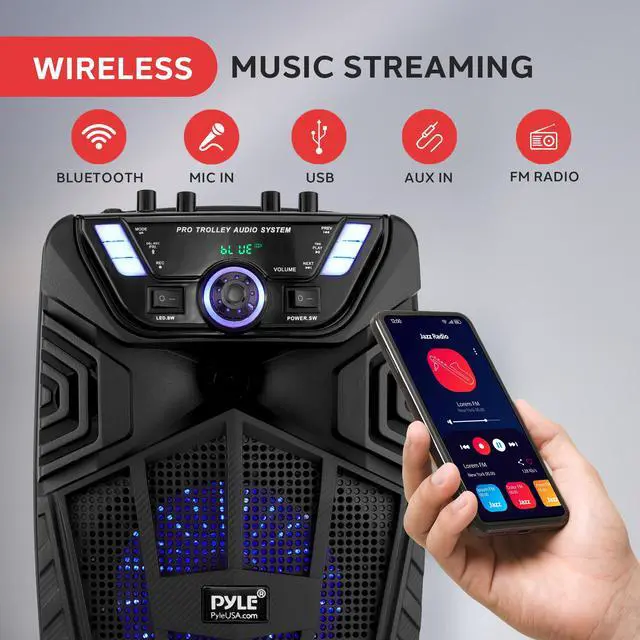 Alt view image 4 of 5 - Pyle 480W Portable Bluetooth PA Speaker with Speaker Stand  8" Rechargeable Outdoor Karaoke Speaker System w/Wireless Mic, Wheels, TWS, Party Lights, LED Display, 6.5mm Mic Input, FM/AUX/MP3/USB/SD