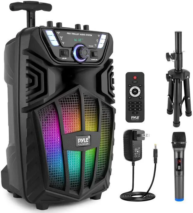 Main image of Pyle 480W Portable Bluetooth PA Speaker with Speaker Stand  8" Rechargeable Outdoor Karaoke Speaker System w/Wireless Mic, Wheels, TWS, Party Lights, LED Display, 6.5mm Mic Input, FM/AUX/MP3/USB/SD