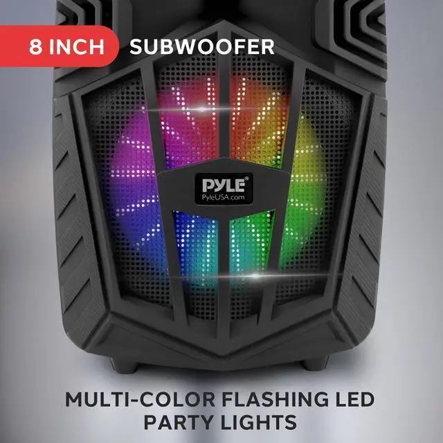 Alt view image 3 of 5 - Pyle 480W Portable Bluetooth PA Speaker with Speaker Stand  8" Rechargeable Outdoor Karaoke Speaker System w/Wireless Mic, Wheels, TWS, Party Lights, LED Display, 6.5mm Mic Input, FM/AUX/MP3/USB/SD