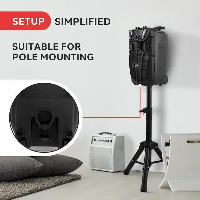 Alt view image 5 of 5 - Pyle 480W Portable Bluetooth PA Speaker with Speaker Stand  8" Rechargeable Outdoor Karaoke Speaker System w/Wireless Mic, Wheels, TWS, Party Lights, LED Display, 6.5mm Mic Input, FM/AUX/MP3/USB/SD