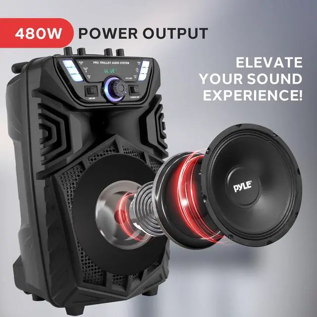 Alt view image 2 of 5 - Pyle 480W Portable Bluetooth PA Speaker with Speaker Stand  8" Rechargeable Outdoor Karaoke Speaker System w/Wireless Mic, Wheels, TWS, Party Lights, LED Display, 6.5mm Mic Input, FM/AUX/MP3/USB/SD