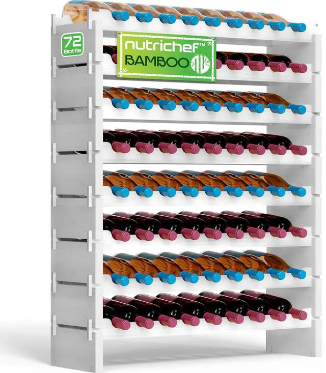Main image of NutriChef Bamboo Stackable Wine Rack, 8-Tier 72 Bottle Capacity Wine Racks Free Standing Floor, No Tools Assembly, Modular Storage Display Shelf for Kitchen and Cellar 33.5" x 10" x 42", White