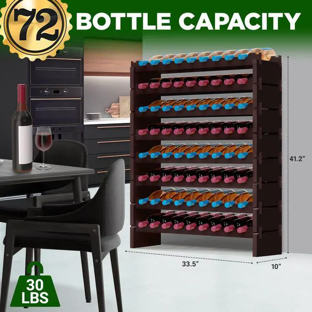 Alt view image 3 of 5 - NutriChef Bamboo Stackable Wine Rack, 8-Tier 72 Bottle Capacity Wine Racks Free Standing Floor, No Tools Assembly, Modular Storage Display Shelf for Kitchen and Cellar 33.5" x 10" x 42", Black