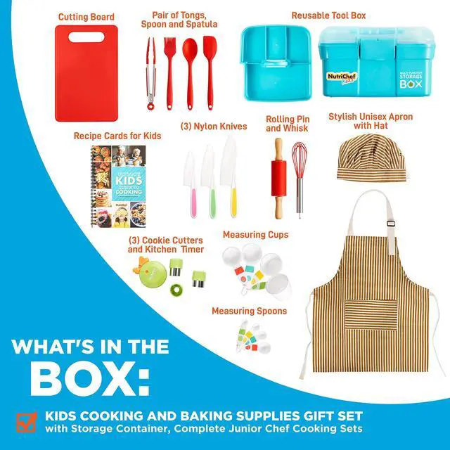 Alt view image 5 of 5 - NutriChef Kids Cooking & Baking Set - Complete Cooking Set for Girls & Boys, Includes Little Chef's Apron. Kitchen Supplies, Nylon Knives, Utensils, & Baking Tools, Great Gift for Ages 4 and Up