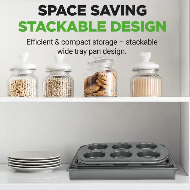 Alt view image 3 of 5 - NutriChef 6-Piece Toaster Oven Bakeware Set, Compact Non-Stick Stackable Baking Pan Set with Muffin Pans, Roasting Tray & Baking Sheets, Durable Stain-Resistant Carbon Steel Design for Toaster Ovens