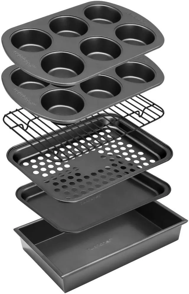 Main image of NutriChef 6-Piece Toaster Oven Bakeware Set, Compact Non-Stick Stackable Baking Pan Set with Muffin Pans, Roasting Tray & Baking Sheets, Durable Stain-Resistant Carbon Steel Design for Toaster Ovens