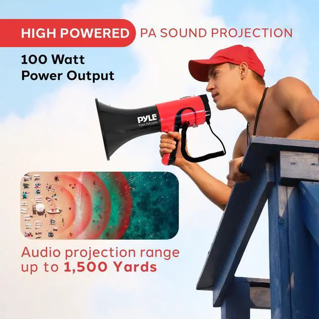 Alt view image 3 of 5 - Pyle Portable Megaphone Bullhorn - Bluetooth Compatible PA Speaker with Built-in Voice Changer, 1500 Yard Range, Siren, 100W Adjustable Vol Control, Loudspeaker for Outdoor Sports & Safety Drills