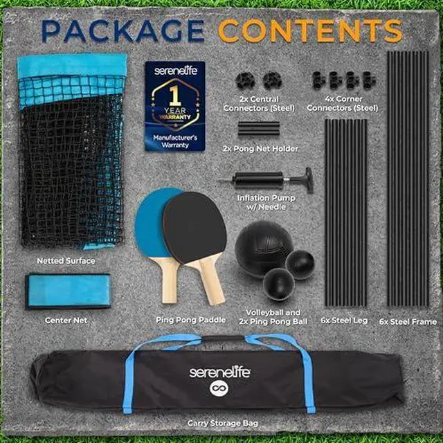 Alt view image 2 of 7 - SereneLife Trampoline Ping Pong Table - Heavy Duty Powder Coated Steel Frame and Connectors - Full Size 94" - Hand Pong Game Table with Paddles, Small, Large Balls - Indoor/Outdoor, Beach, Game Room