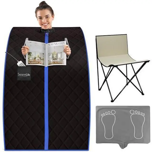 Main image of SereneLife Portable Sauna Box for Home, Infrared Sauna Tent with Heated Foot Pad and Folding Chair, Remote Control In-Home Spa, 38" x 32 - (Black)