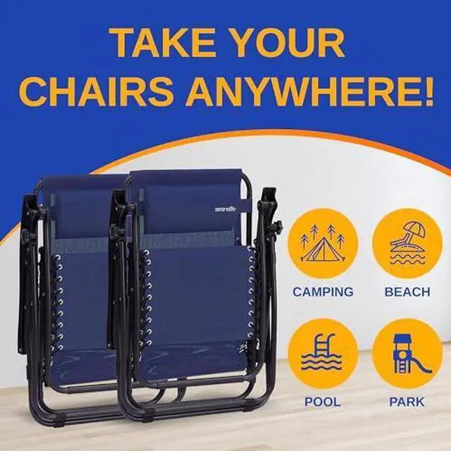 Alt view image 2 of 6 - SereneLife Zero Gravity Chairs Set of 2 - Adjustable Outdoor Lounge Chairs with Side Table, Cup Holders, Removable Pillows, Folding Portable Camping Chairs for Patio, Backyard, Beach - Blue