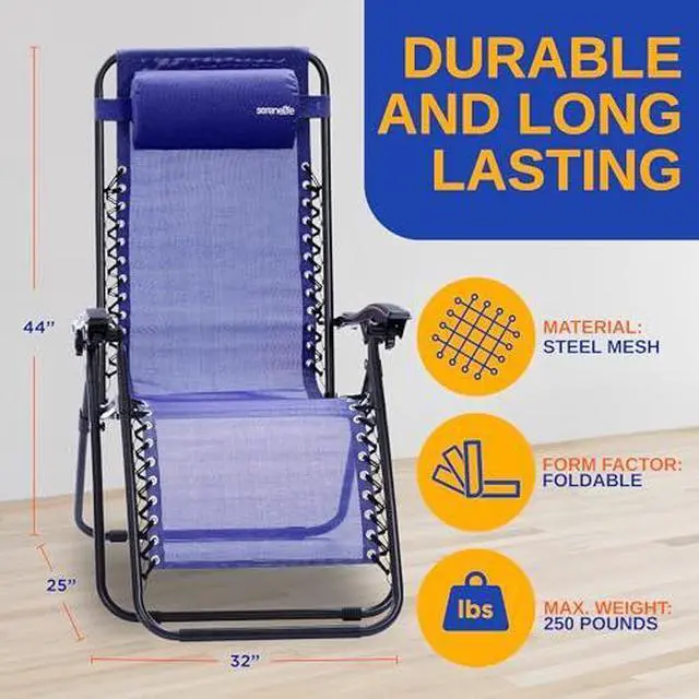 Alt view image 4 of 6 - SereneLife Zero Gravity Chairs Set of 2 - Adjustable Outdoor Lounge Chairs with Side Table, Cup Holders, Removable Pillows, Folding Portable Camping Chairs for Patio, Backyard, Beach - Blue