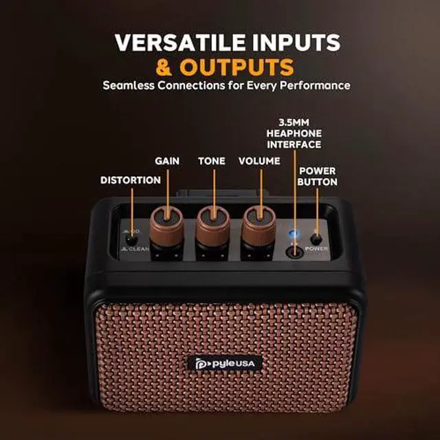 Alt view image 6 of 6 - Pyle 5W Portable Mini Electric Guitar Amplifier, Battery Powered Desktop Practice Amp, Bluetooth, Full Range Speakers, Tone Controls, Lightweight, Headphone Jack, Black