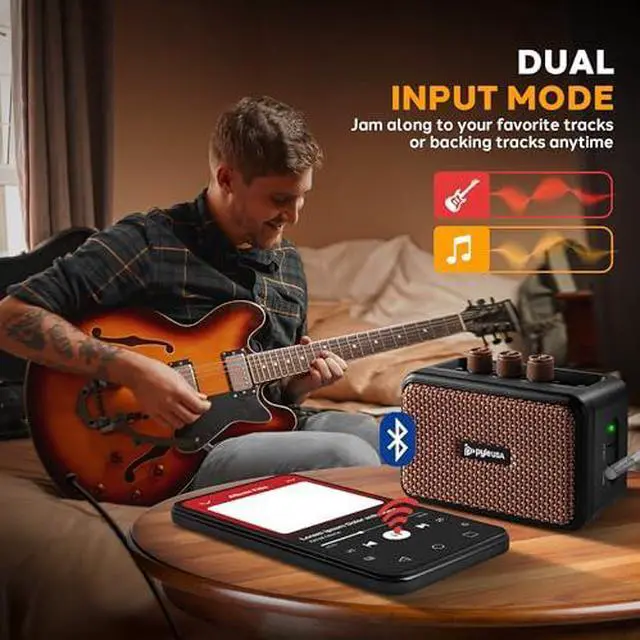 Alt view image 3 of 6 - Pyle 5W Portable Mini Electric Guitar Amplifier, Battery Powered Desktop Practice Amp, Bluetooth, Full Range Speakers, Tone Controls, Lightweight, Headphone Jack, Black